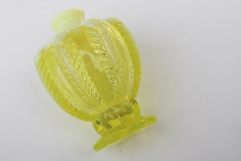 photo of opalescent topaz yellow uranium glass perfume bottle, vintage Fenton atomizer #3