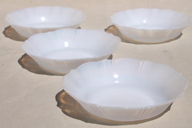 photo of opalescent white depression glass cereal bowls, vintage MacBeth Evans Monax opal milk glass #1