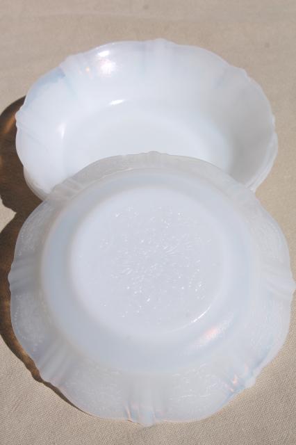 photo of opalescent white depression glass cereal bowls, vintage MacBeth Evans Monax opal milk glass #5