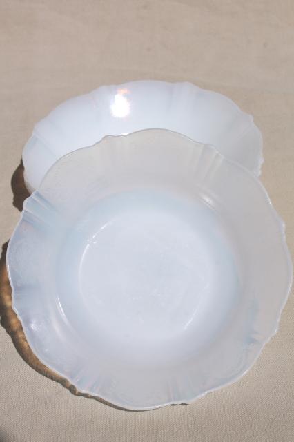 photo of opalescent white depression glass cereal bowls, vintage MacBeth Evans Monax opal milk glass #6