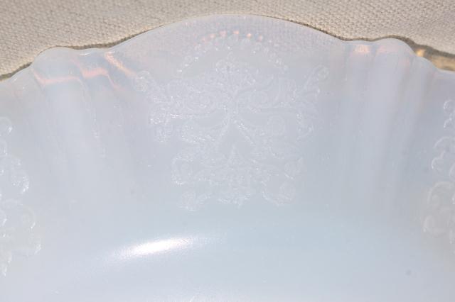 photo of opalescent white depression glass cereal bowls, vintage MacBeth Evans Monax opal milk glass #7