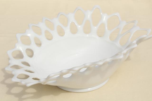 photo of open lace edge milk glass banana boat fruit bowl or large centerpiece for flowers #1