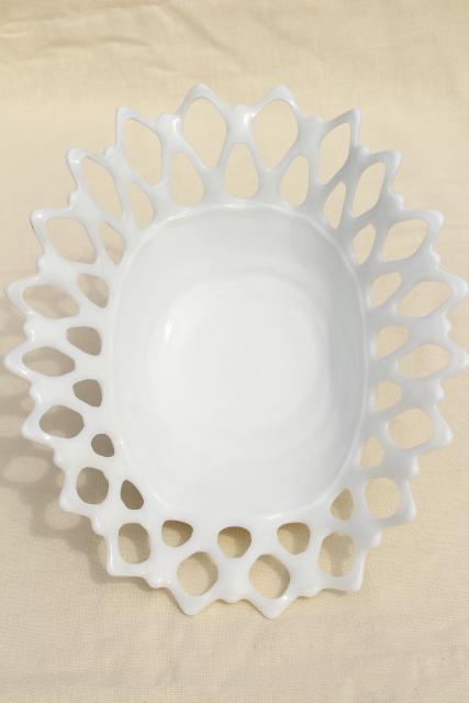 photo of open lace edge milk glass banana boat fruit bowl or large centerpiece for flowers #3