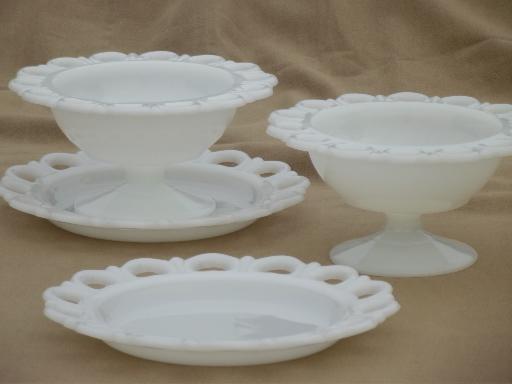 photo of open lace edge milk glass plates & footed compote bowls for ribbon border #1