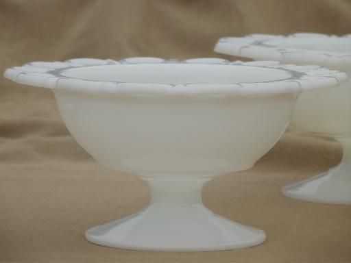 photo of open lace edge milk glass plates & footed compote bowls for ribbon border #2