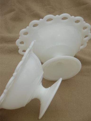 photo of open lace edge milk glass plates & footed compote bowls for ribbon border #4