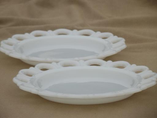 photo of open lace edge milk glass plates & footed compote bowls for ribbon border #5