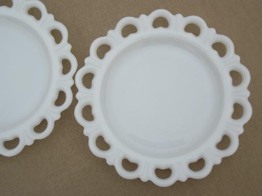 photo of open lace edge milk glass plates & footed compote bowls for ribbon border #6