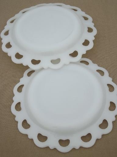 photo of open lace edge milk glass plates & footed compote bowls for ribbon border #7