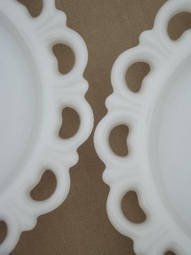 photo of open lace edge milk glass plates & footed compote bowls for ribbon border #8