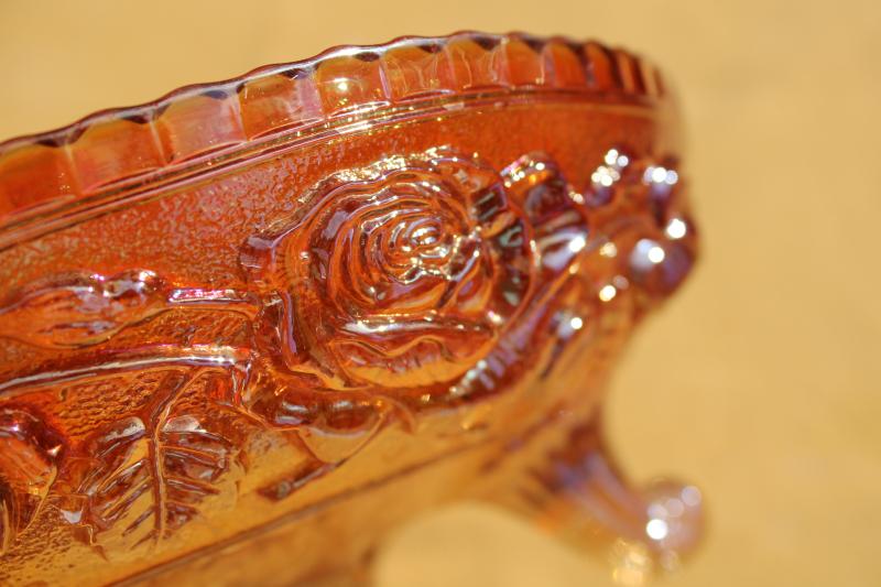 photo of open rose pattern carnival glass bowl, vintage Imperial glass marigold iridescent orange #3