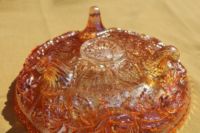 photo of open rose pattern carnival glass bowl, vintage Imperial glass marigold iridescent orange #4