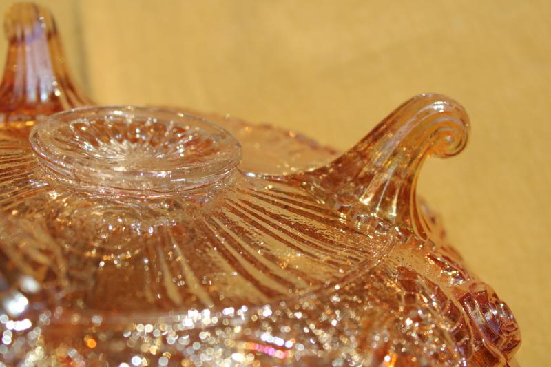 photo of open rose pattern carnival glass bowl, vintage Imperial glass marigold iridescent orange #5