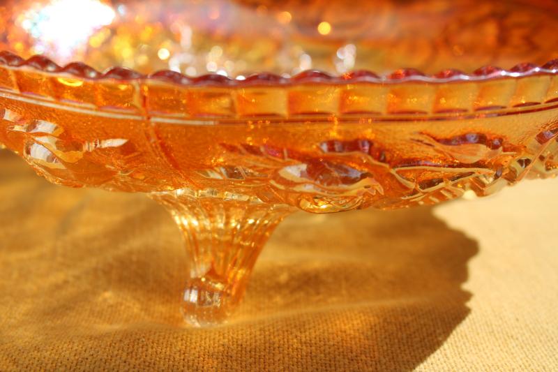 photo of open rose pattern carnival glass bowl, vintage Imperial glass marigold iridescent orange #6