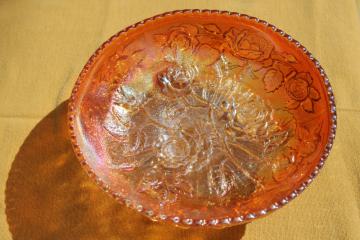 catalog photo of open rose pattern carnival glass bowl, vintage Imperial glass marigold iridescent orange