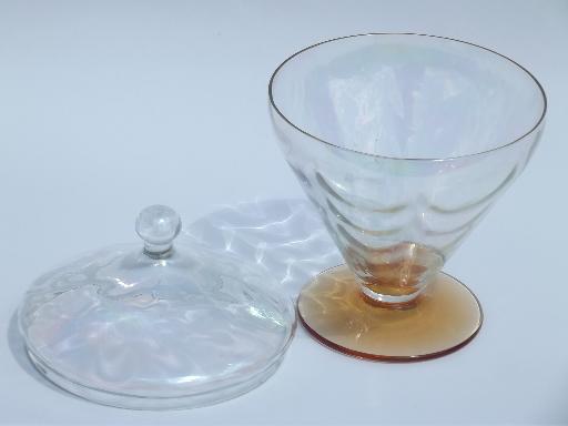 photo of optic pattern candy dish, vintage white carnival and amber glass footed bowl #2