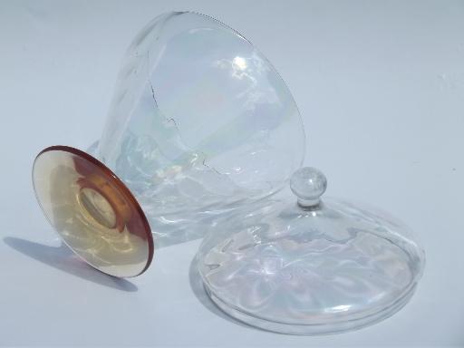 photo of optic pattern candy dish, vintage white carnival and amber glass footed bowl #3