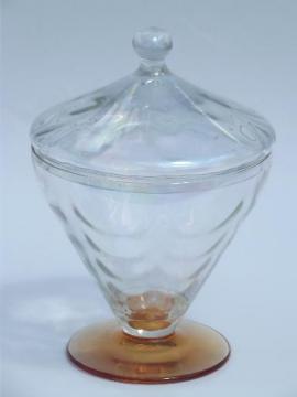 catalog photo of optic pattern candy dish, vintage white carnival and amber glass footed bowl