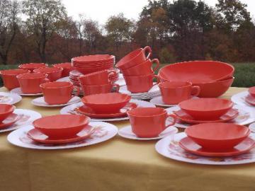 catalog photo of orange autumn leaf print melmac dinnerware set for 12, retro 60s vintage