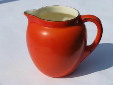 catalog photo of orange w/ black band, art deco pottery pitcher, vintage Czechoslovakia