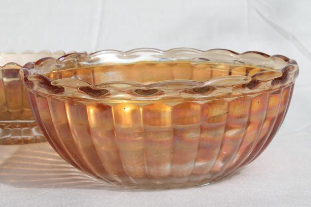 photo of orange iridescent glass flower frog & bowls, mid-century vintage marigold carnival glassware #3