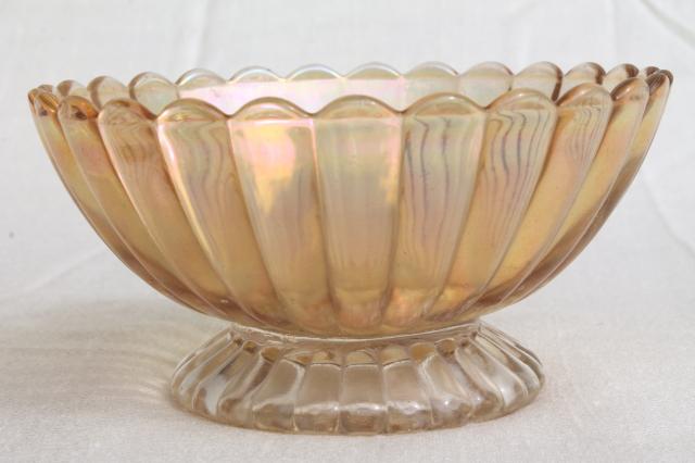 photo of orange iridescent glass flower frog & bowls, mid-century vintage marigold carnival glassware #6