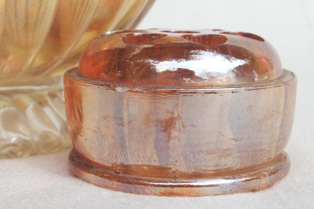 photo of orange iridescent glass flower frog & bowls, mid-century vintage marigold carnival glassware #7