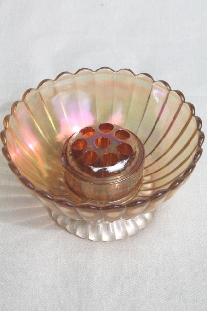 photo of orange iridescent glass flower frog & bowls, mid-century vintage marigold carnival glassware #9
