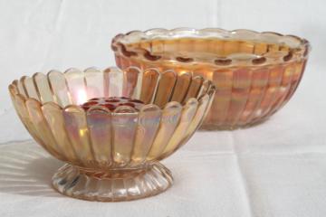 catalog photo of orange iridescent glass flower frog & bowls, mid-century vintage marigold carnival glassware