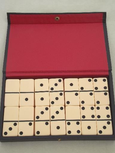 photo of orangie ivory bakelite dominoes, never used vintage domino set in box #2