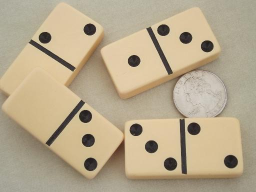 photo of orangie ivory bakelite dominoes, never used vintage domino set in box #3