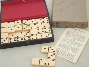 catalog photo of orangie ivory bakelite dominoes, never used vintage domino set in box