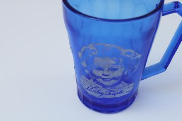 catalog photo of original 1930s vintage Shirley Temple mug, cobalt blue depression glass Hazel Atlas