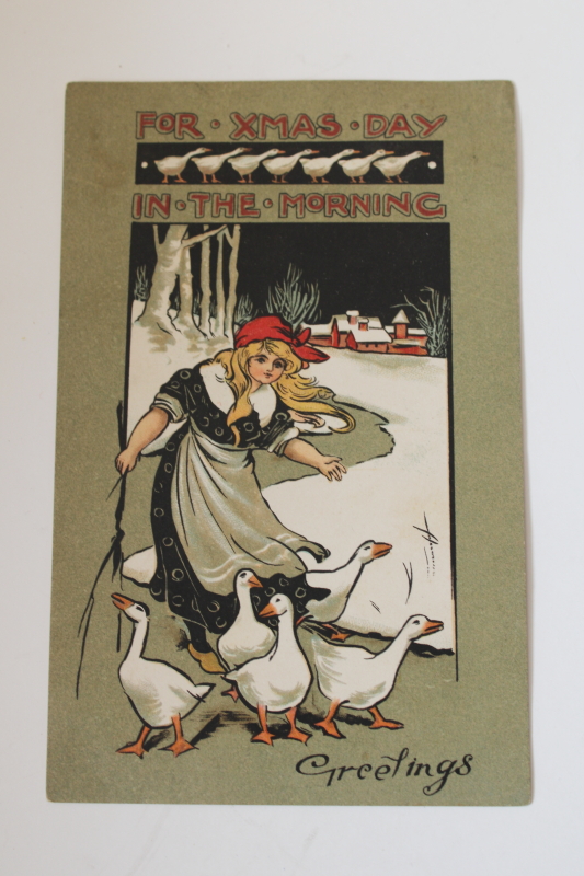 photo of original antique Christmas postcard w/ William Bradley art nouveau print Goose Girl illustration  #1