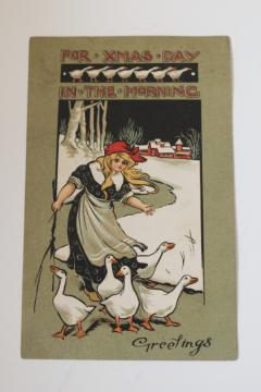 catalog photo of original antique Christmas postcard w/ William Bradley art nouveau print Goose Girl illustration 
