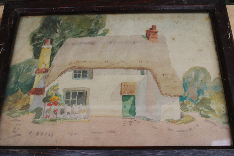 photo of original art antique vintage watercolor painting thatched cottage in frame #2