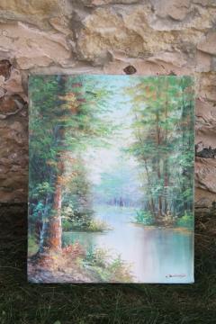 catalog photo of original art on stretched canvas, serene woodland scene w/ water, calm quiet river