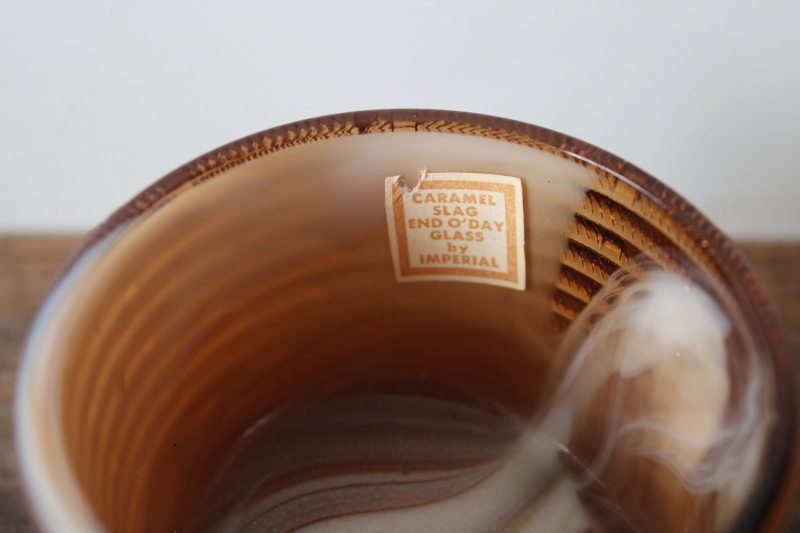 photo of original label Imperial end of day glass, brown slag glass beehive honey pot jar, no lid  #2