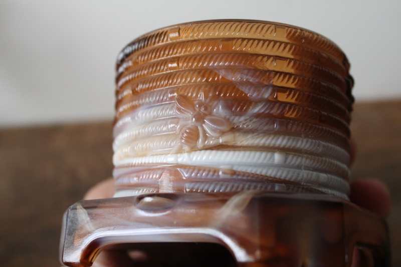 photo of original label Imperial end of day glass, brown slag glass beehive honey pot jar, no lid  #4