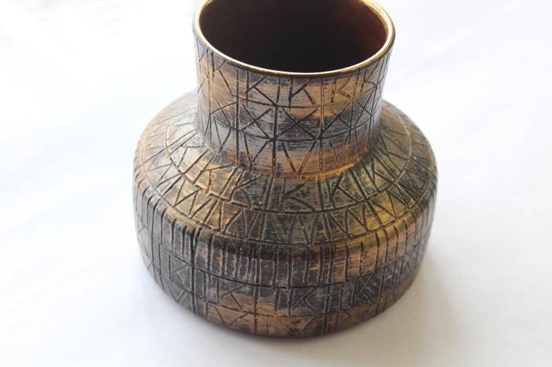 photo of original label vintage Raymor Italian art pottery vase, MCM matte black & gold #6