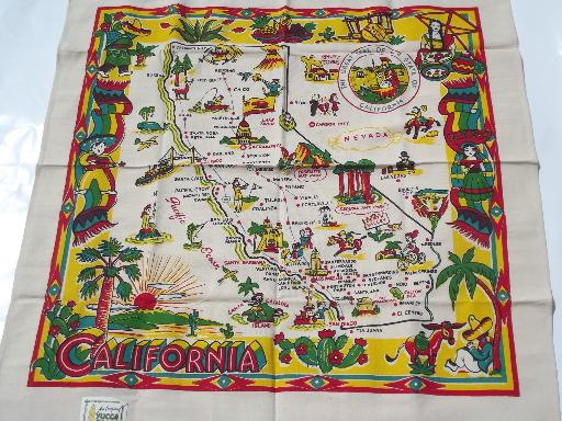 photo of original vintage Yucca Print label kitchen tablecloth, California map #1