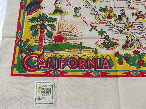 photo of original vintage Yucca Print label kitchen tablecloth, California map #2