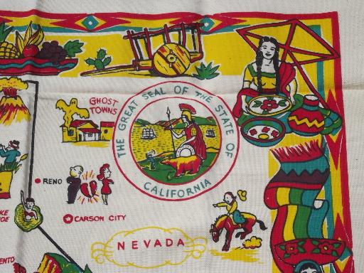 photo of original vintage Yucca Print label kitchen tablecloth, California map #4