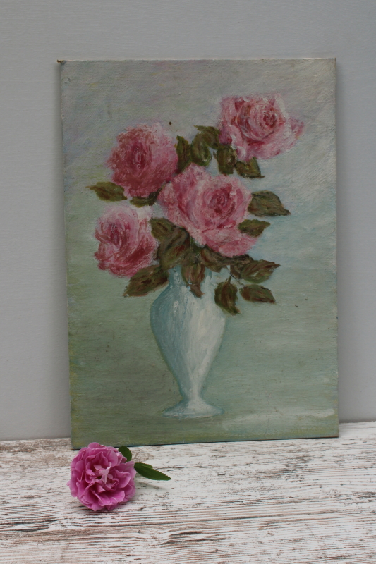 photo of original vintage still life painting on canvas board, pink roses on green shabby cottage art  #1