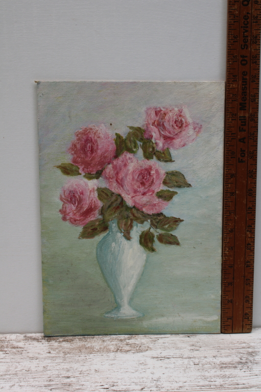 photo of original vintage still life painting on canvas board, pink roses on green shabby cottage art  #2