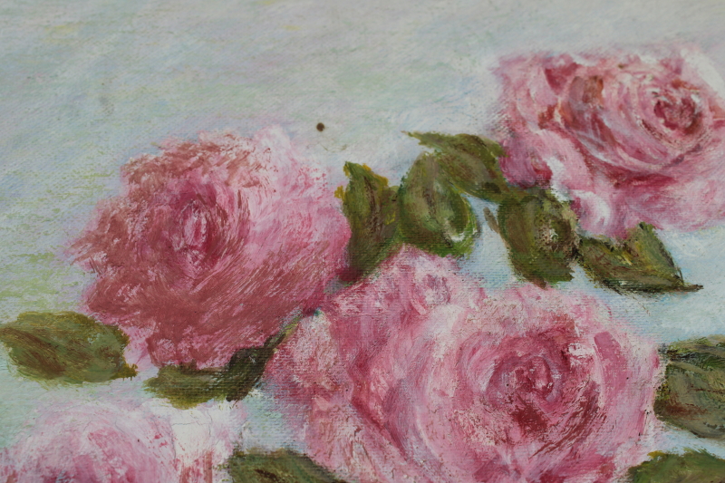 photo of original vintage still life painting on canvas board, pink roses on green shabby cottage art  #3