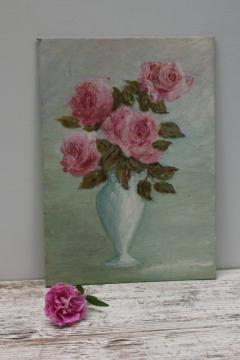 original vintage still life painting on canvas board, pink roses on green shabby cottage art 