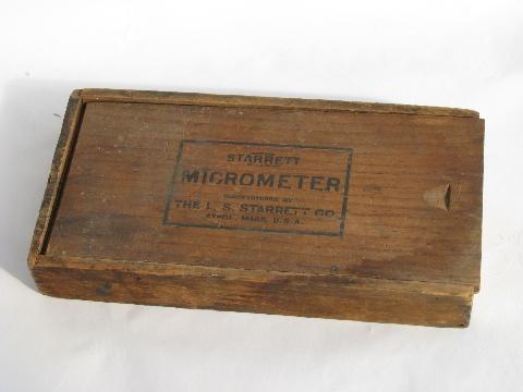 photo of original wood box for vintage Starrett micrometer, old machinist's tool #1