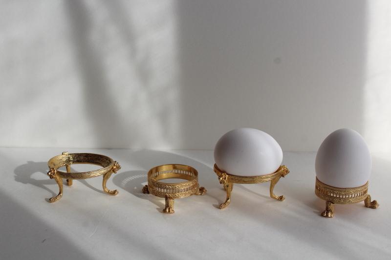 photo of ornamental egg stands, ornate gold tone metal egg holders for portrait & landscape eggs #1