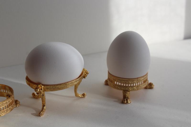 photo of ornamental egg stands, ornate gold tone metal egg holders for portrait & landscape eggs #2